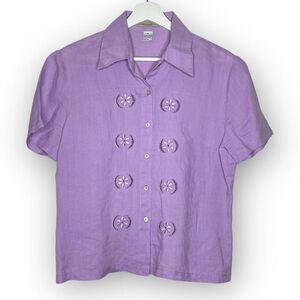 JM Goulbourn Linen Purple Embroidered Button Up Collared Blouse Size 14 Vintage